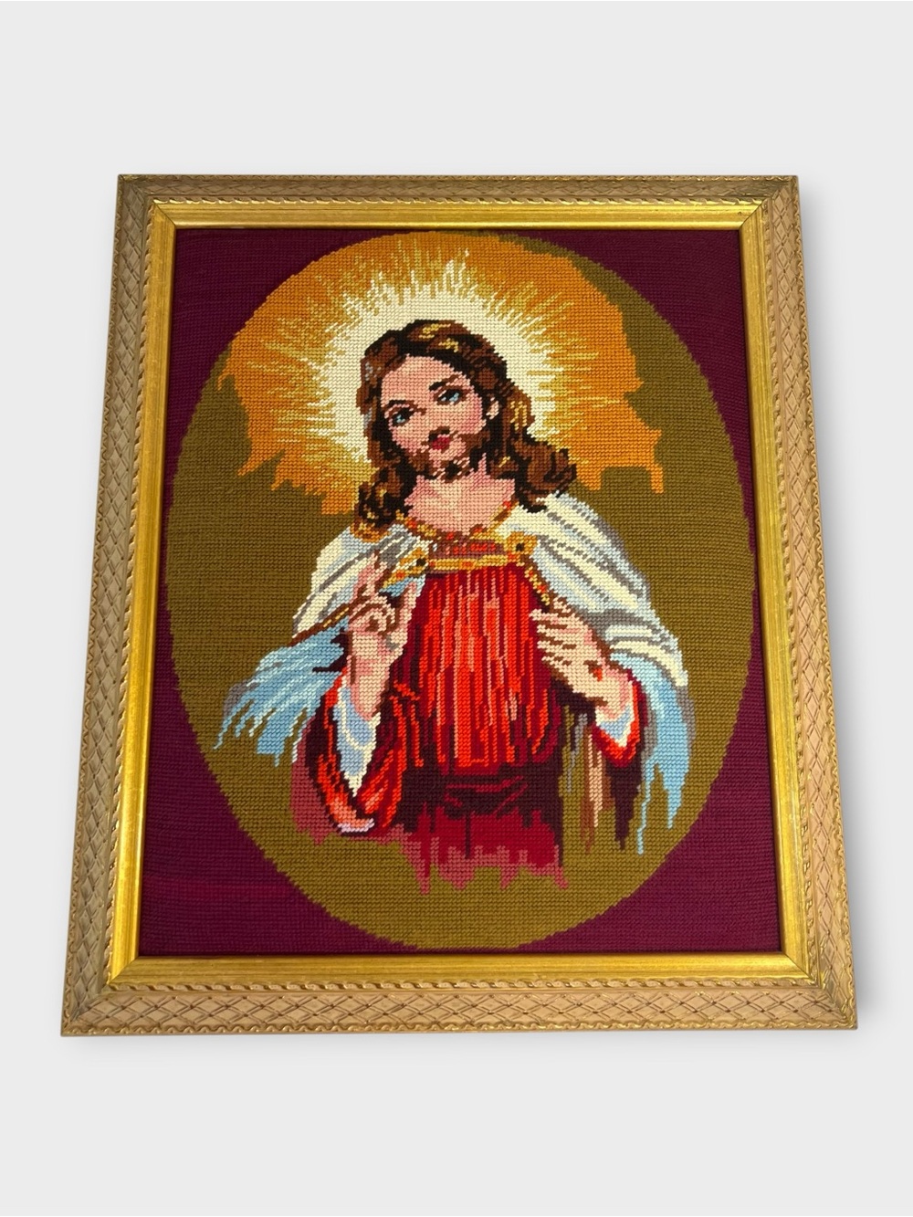 Vintage Sacred Heart Of Jesus Christ Needlepoint Framed Art Gobelin 22”x18”